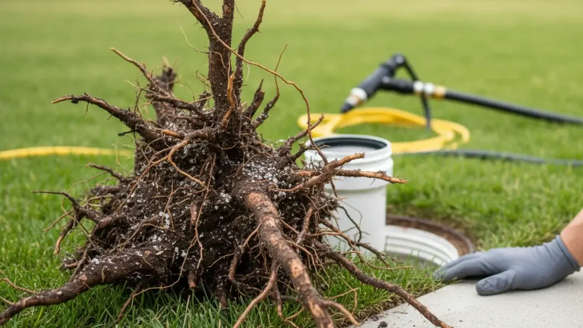 Tree roots in a sewer line cleared by hydro jetting