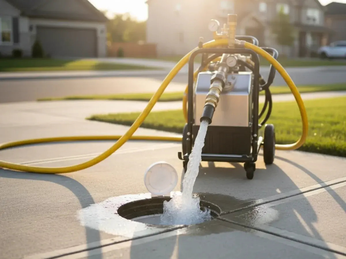 Sewer hydro jetting equipment cleaning a main line