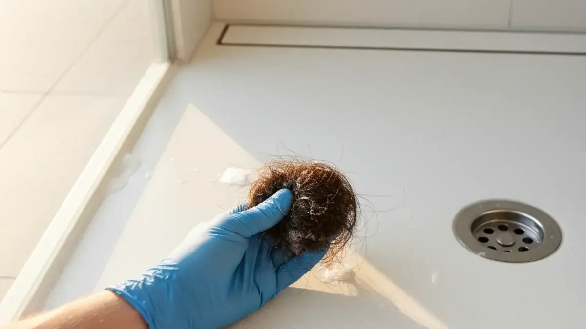 Shower drain clogged with hair